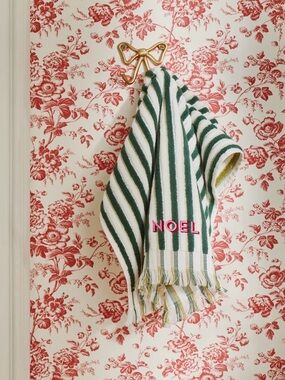 Anthropologie Holiday Striped Embroidered Hand Towel, Green & White